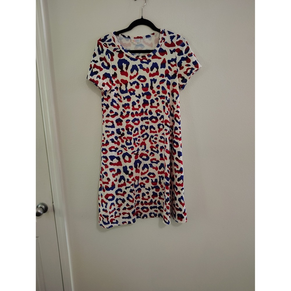 LuLaRoe Carly Dress Womens XS Red White Blue Leopard Print Short Sleeve